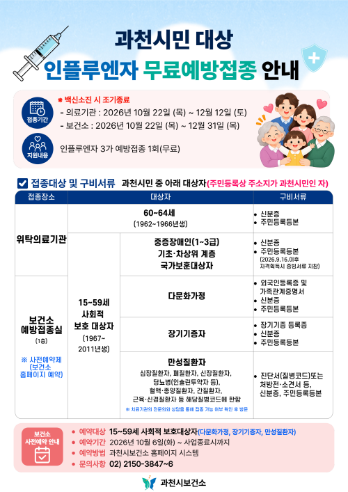 2026년 과천시민 무료 인플루엔자(독감) 예방접종 안내